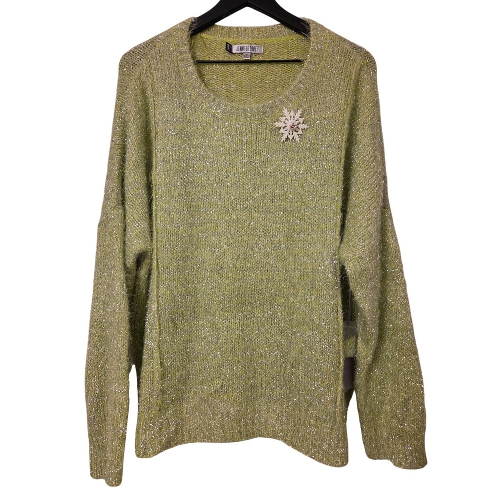 Jennifer Lopez XL Sweater Green Silver Metallic Sparkle Knit Snowflake‎